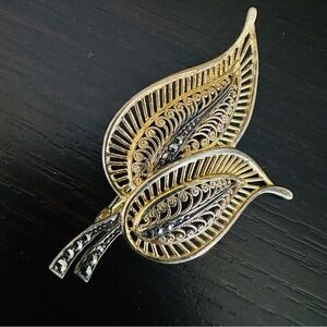 Vintage Germany Sterling Filigree Feather Leaf Brooch with Marcasites Signed